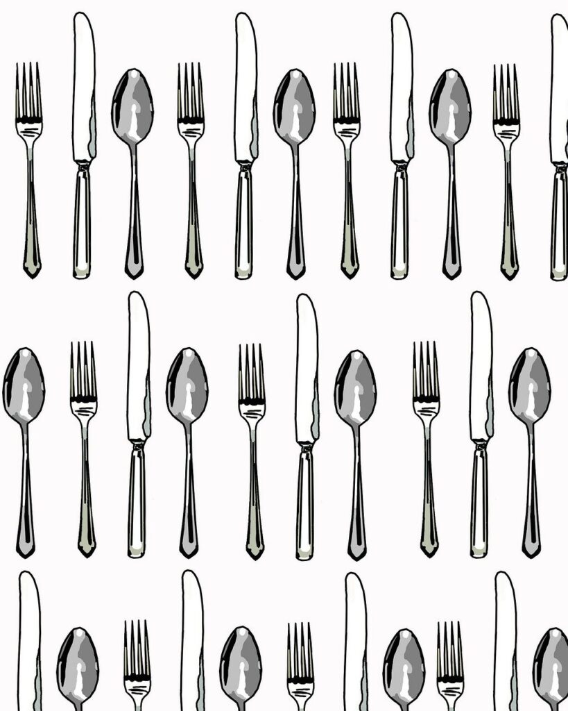 Graphic of knives, forks and spoons laid out in two orderly rows