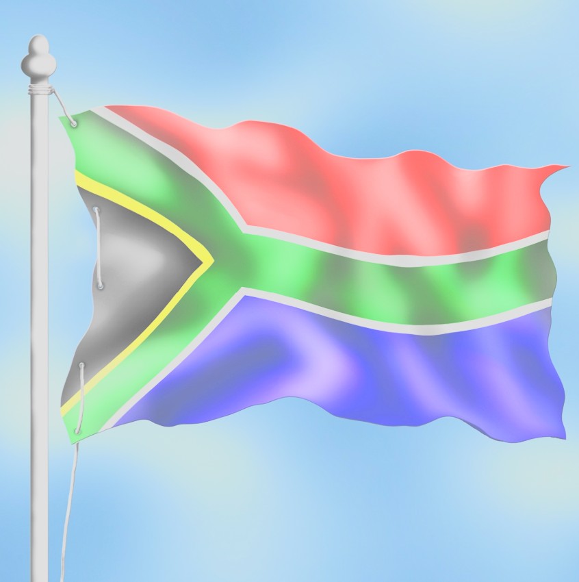 Graphic art of the South African flag flying from a flagpole. Slightly hazy effect.