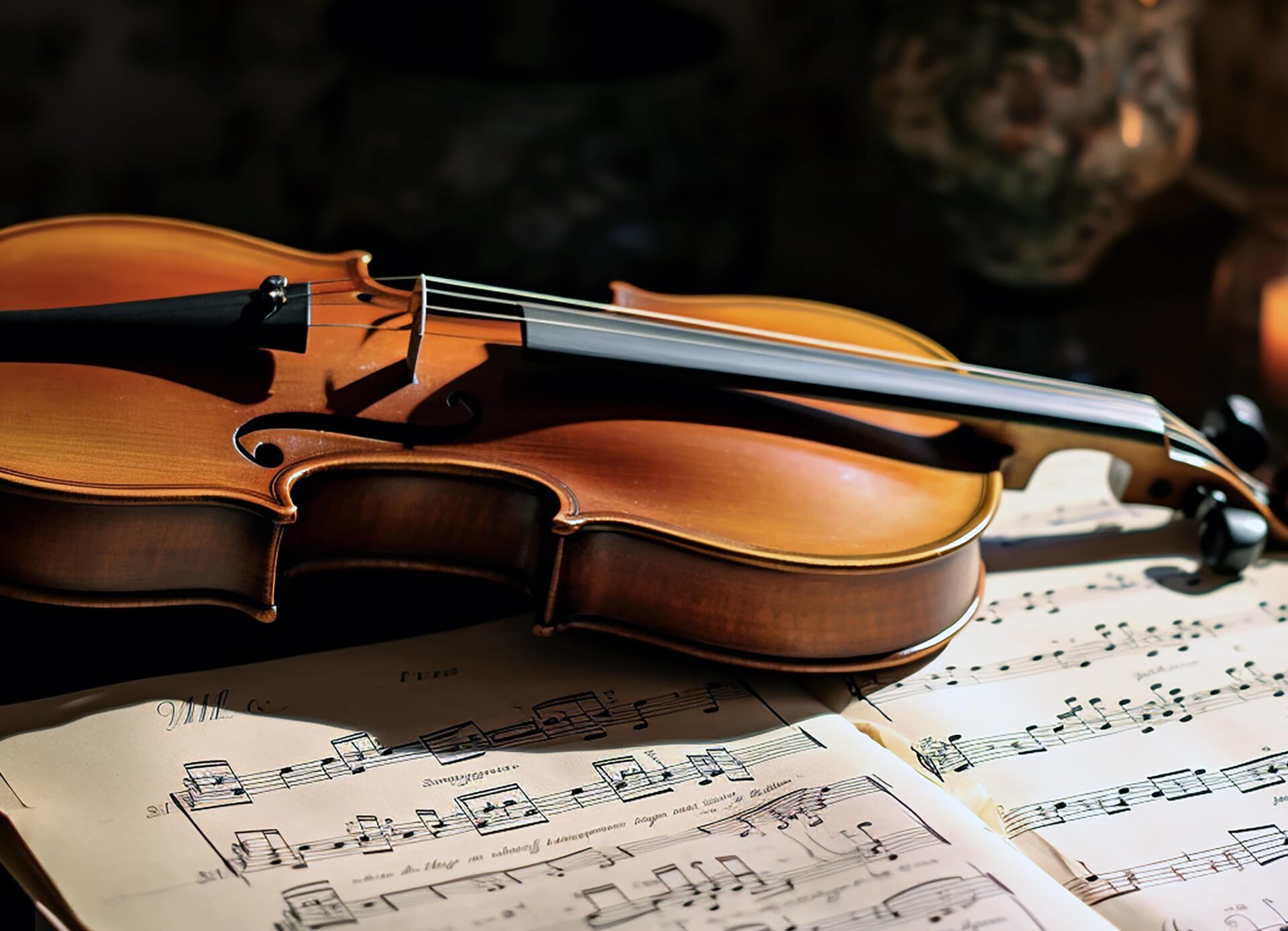 Violin resting on a music score