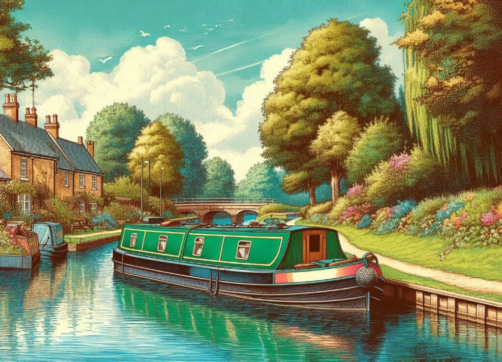 Colourful illustration of a green narrowboat on a canal, with houses on one bank, trees and flowers on the other bank, a bridge in the middle distance.