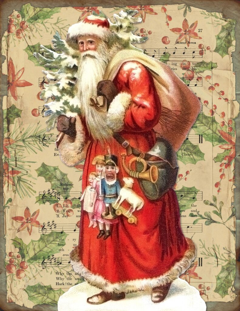 Vintage picture of Santa Claus carrying toys, sack and a small snow-covered Christmas tree. Background image is a musical score decorated with Christmas foliage.