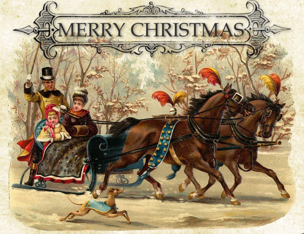 Vintage picture of a Victorian family riding in a horse-drawn sleigh in a winter landscape, with a dog running alongside. The title "Merry Christmas" in a decorative border at the top.