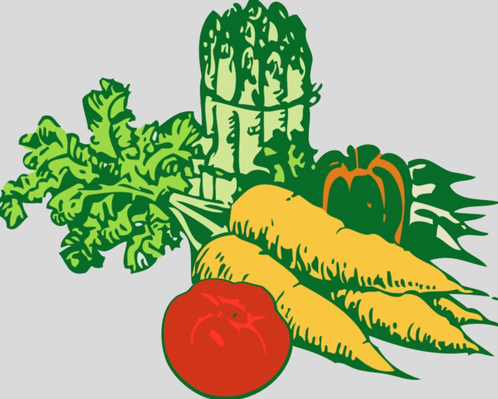 Clipart of freshly picked vegetables, including asparagus, carrots, tomato and pepper